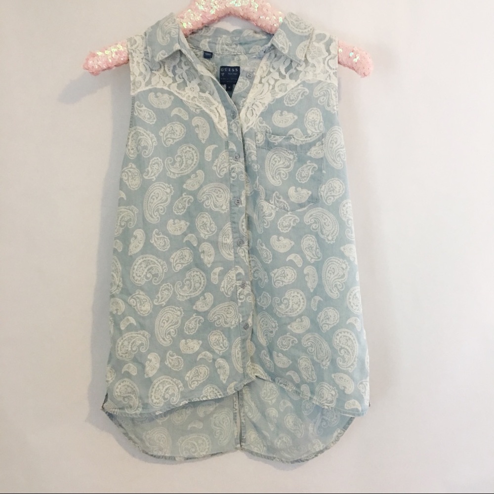 Guess | Sleeveless Hi/Low Paisley Denim Shirt